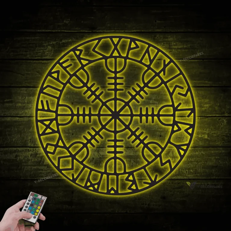 Viking Metal Sign With Led Lights, Nordic Mythology Large Decor, Old Norse Protection Rune, Viking Rune Sign, Viking Compass, Nordic Compass