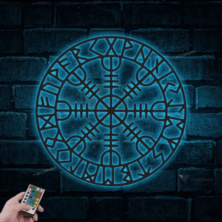 Viking Metal Sign With Led Lights, Nordic Mythology Large Decor, Old Norse Protection Rune, Viking Rune Sign, Viking Compass, Nordic Compass