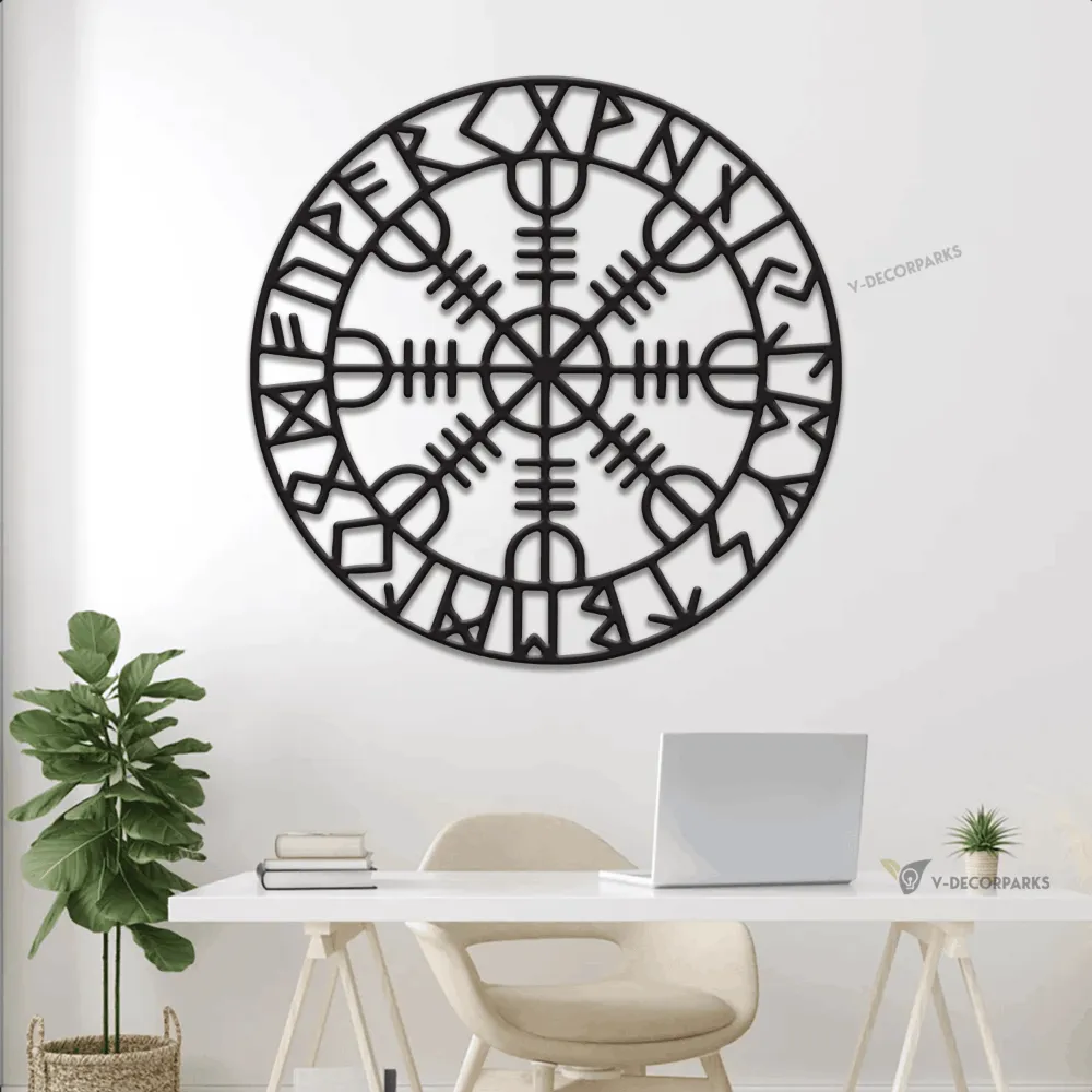 Viking Metal Sign With Led Lights, Nordic Mythology Large Decor, Old Norse Protection Rune, Viking Rune Sign, Viking Compass, Nordic Compass