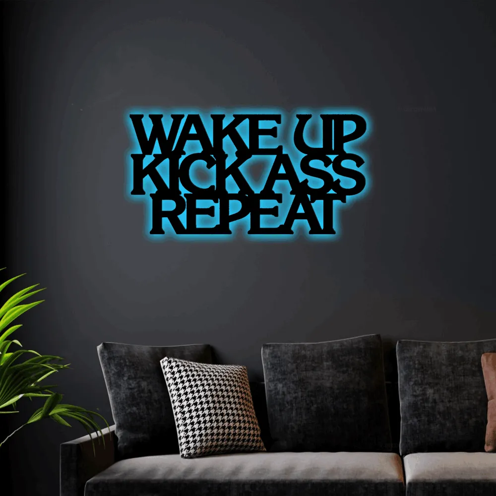 Wake Up Kick Ass Repeat Metal Wall Sign With Led Lights, Gym Sign, Sports Sign, Home Decor Sign, Kick Ass Sign, Wake Up Kick Ass, Hardcore Gym Sign