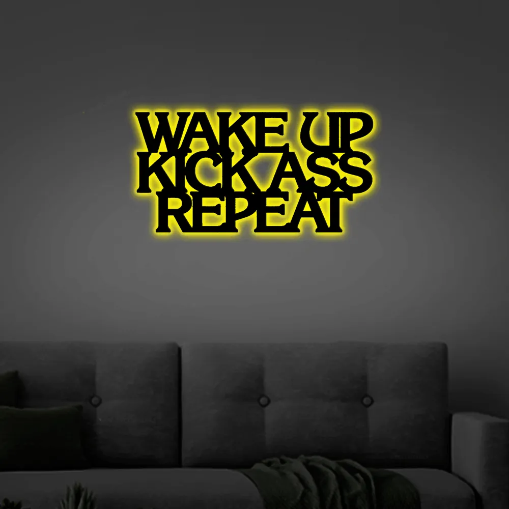 Wake Up Kick Ass Repeat Metal Wall Sign With Led Lights, Gym Sign, Sports Sign, Home Decor Sign, Kick Ass Sign, Wake Up Kick Ass, Hardcore Gym Sign