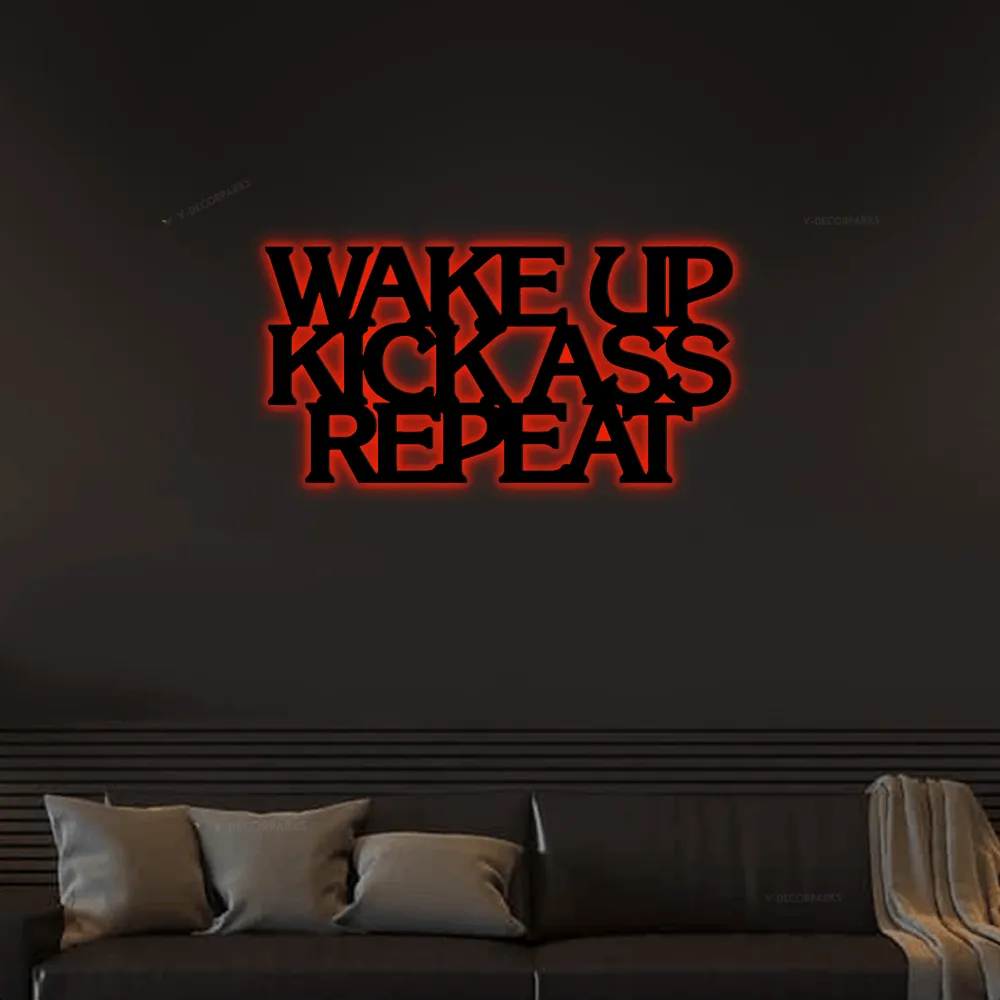 Wake Up Kick Ass Repeat Metal Wall Sign With Led Lights, Gym Sign, Sports Sign, Home Decor Sign, Kick Ass Sign, Wake Up Kick Ass, Hardcore Gym Sign