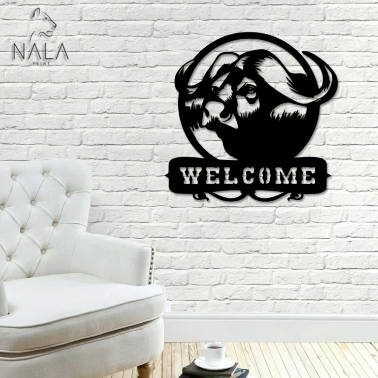 African Cape Buffalo Welcome Metal Sign, Wild Animals Wall Art, Outdoor Welcome Sign