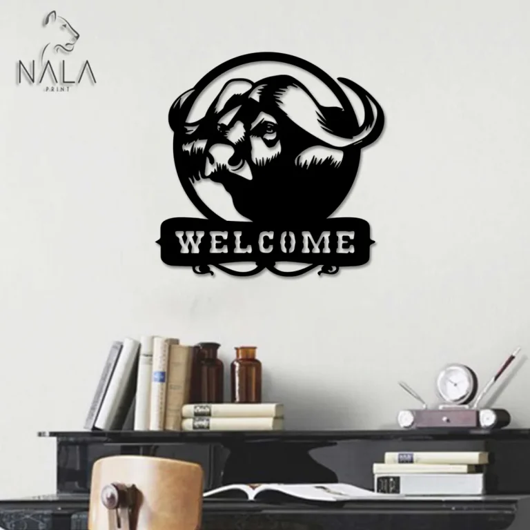 African Cape Buffalo Welcome Metal Sign, Wild Animals Wall Art, Outdoor Welcome Sign