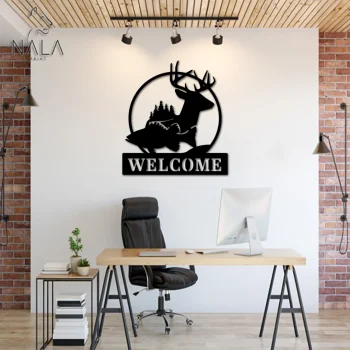 Deer And Fish Welcome Metal Sign, Deer Cut Metal Wall Art, Wall Hanging, Wild Animal Welcome Sign, Front Porch Decor