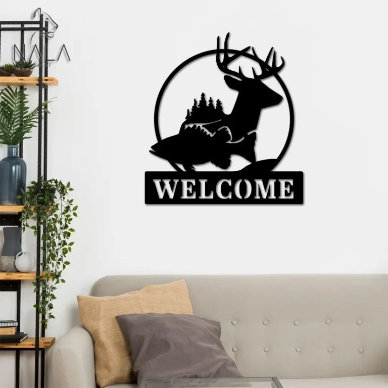 Deer And Fish Welcome Metal Sign, Deer Cut Metal Wall Art, Wall Hanging, Wild Animal Welcome Sign, Front Porch Decor