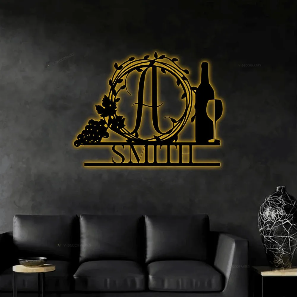 Wine Monogram Sign With Led Lights, Tuscan Style Decor, Wine Art, Custom Monogram, Personalized Sign, Dining Room Decor, Wine Home Decor