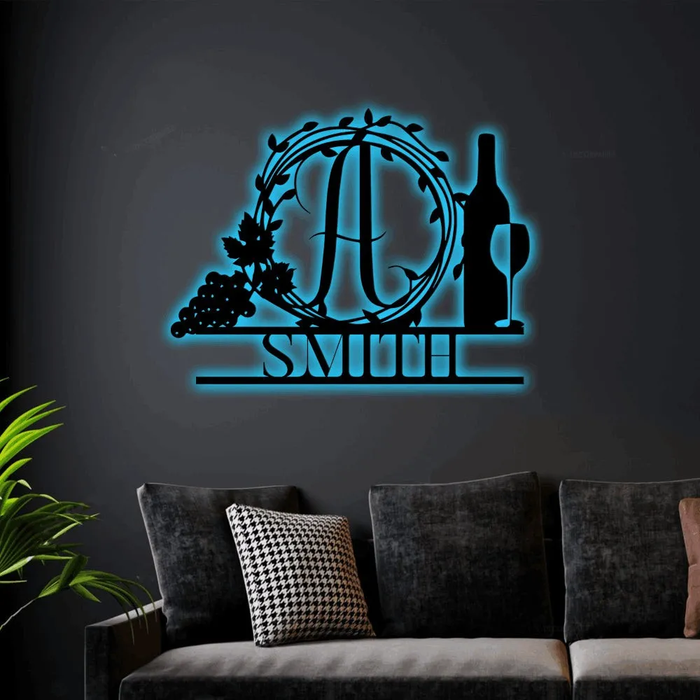 Wine Monogram Sign With Led Lights, Tuscan Style Decor, Wine Art, Custom Monogram, Personalized Sign, Dining Room Decor, Wine Home Decor