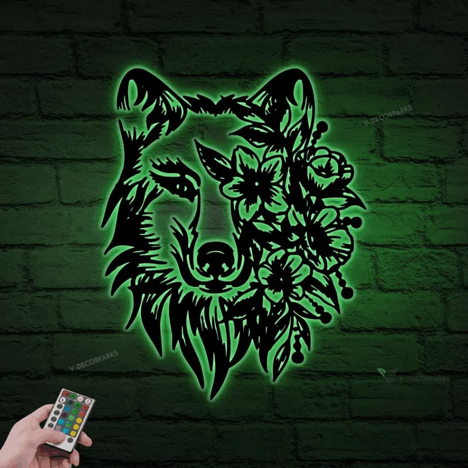 Wolf With Flowers Metal Sign With Led Lights, Wolf Metal Wall Art, Wolf Flower Decor, Wolf Head Sign, Wolf Face Wall Art, Home Decor