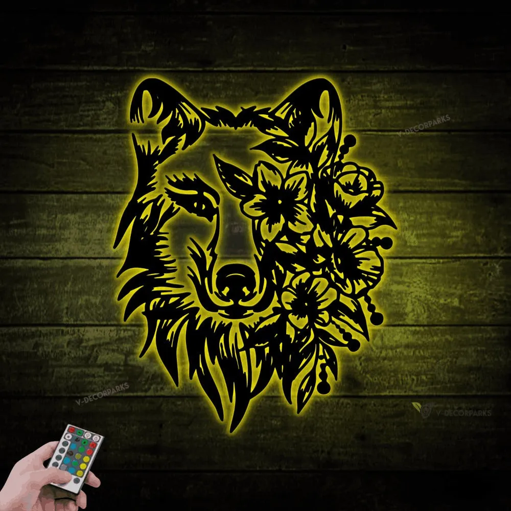 Wolf With Flowers Metal Sign With Led Lights, Wolf Metal Wall Art, Wolf Flower Decor, Wolf Head Sign, Wolf Face Wall Art, Home Decor
