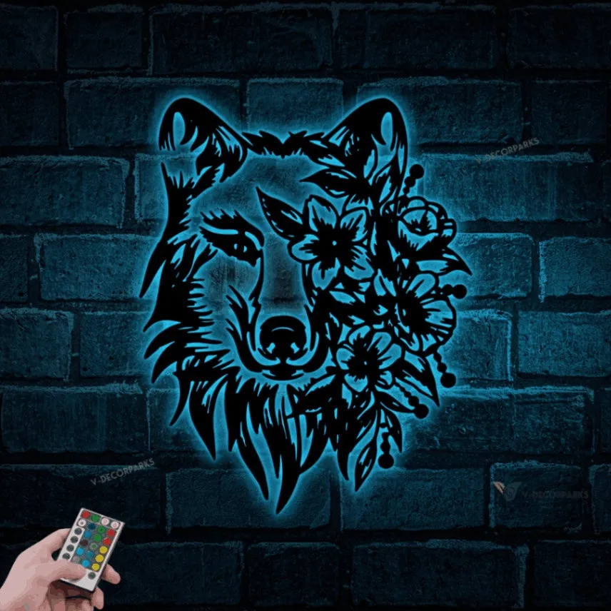 Wolf With Flowers Metal Sign With Led Lights, Wolf Metal Wall Art, Wolf Flower Decor, Wolf Head Sign, Wolf Face Wall Art, Home Decor
