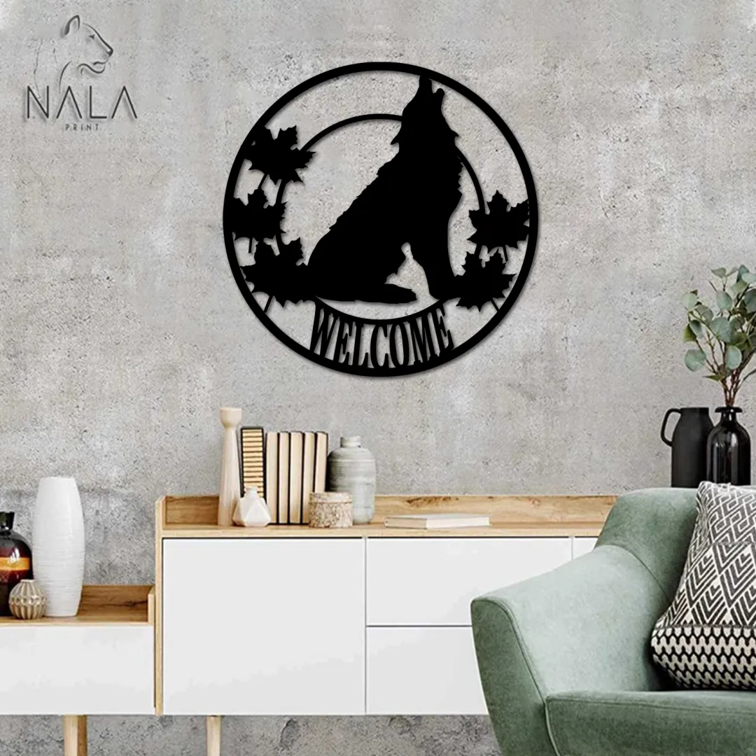 Wolf_2520Sign3_cd9f24f3-2f3f-45cb-8f9a-032b2d10049b.webp Wolf Howling Maple Leaves Welcome Cut Metal Sign, Wolf Wall Art Decor, Wild Animal Welcome Sign For Front Porch Decor, Home Decor