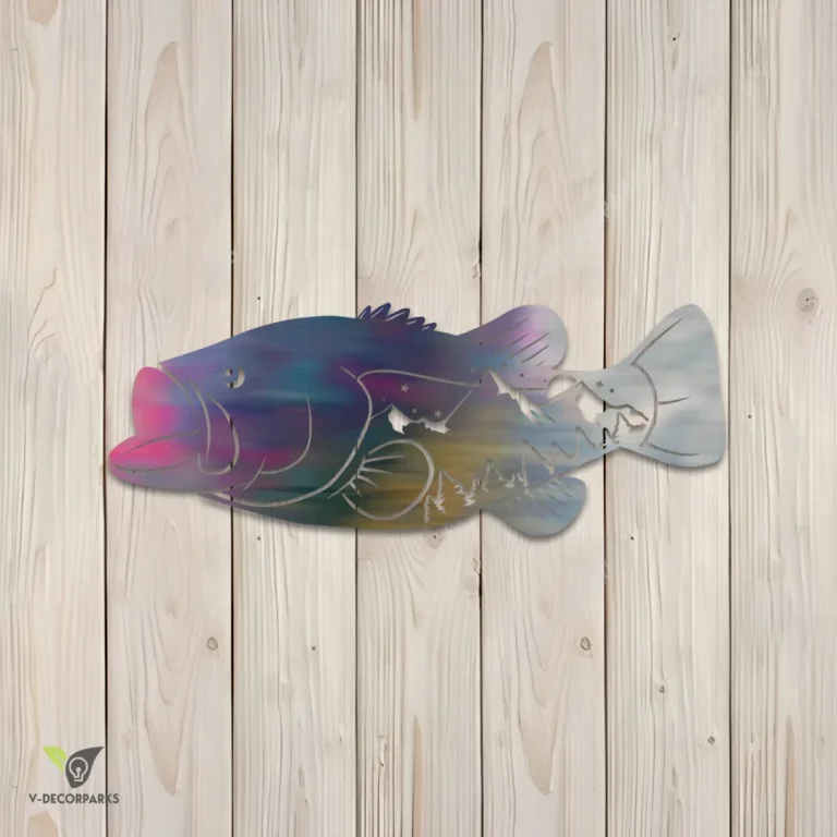 Largemouth Bass Fish Mountainous Scene Metal Art Design, Largemouth Bass Fishing Welded Art