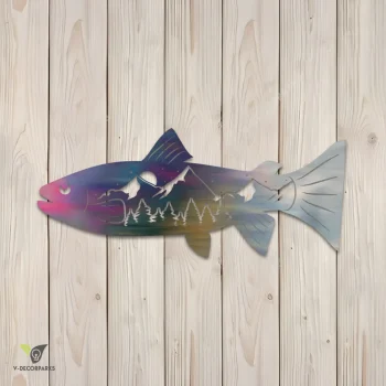 Rainbow Trout Fish And Mountain Scene Metal Art, Rainbow Trout Metallic Decor