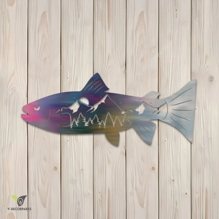 Rainbow Trout Fish And Mountain Scene Metal Art, Rainbow Trout Metallic Decor