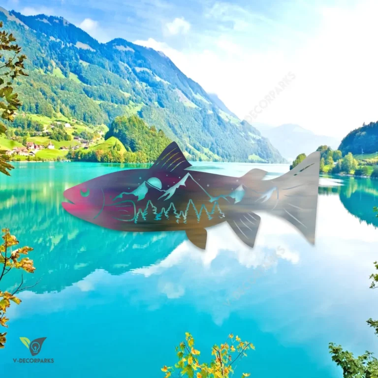 Rainbow Trout Fish And Mountain Scene Metal Art, Rainbow Trout Metallic Decor