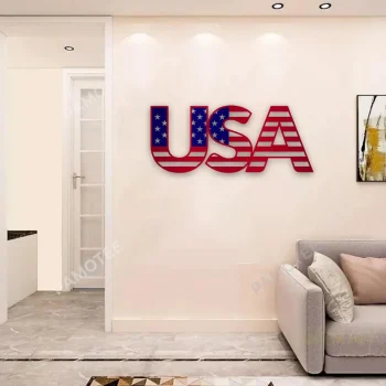 Usa Flag Metal Print Art, Usa Evergreen Decor For Living Room