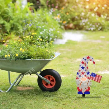 Rusted Gnome Holding Flag Metal Garden Decor, Gnome Iron Stake For Independence Day