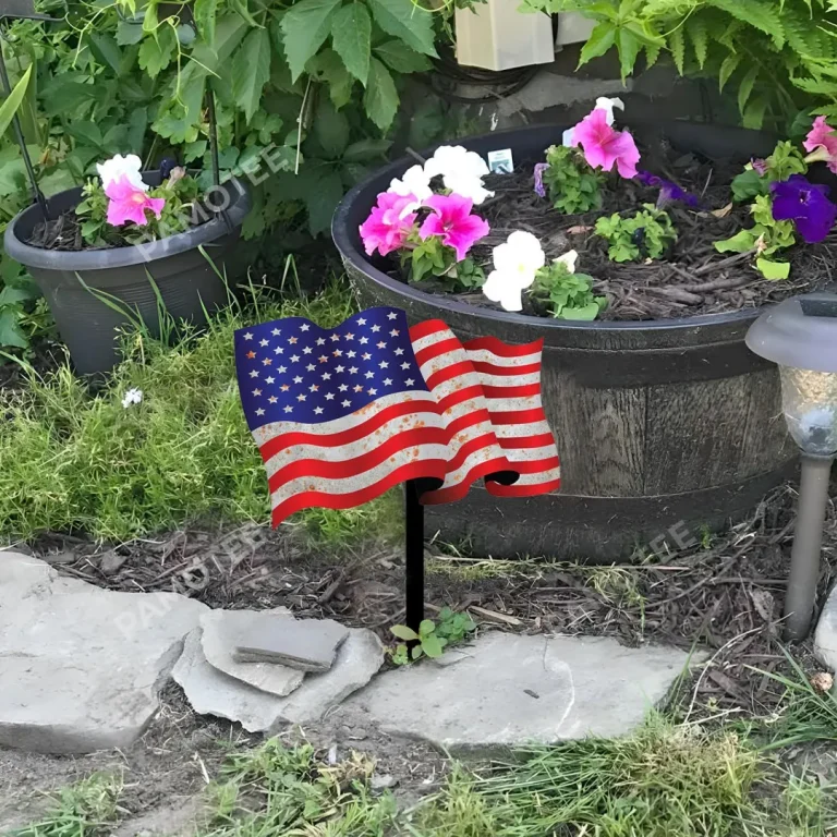 Rusted American Flag Metal Garden Decor, Multi Color Backyard Stake