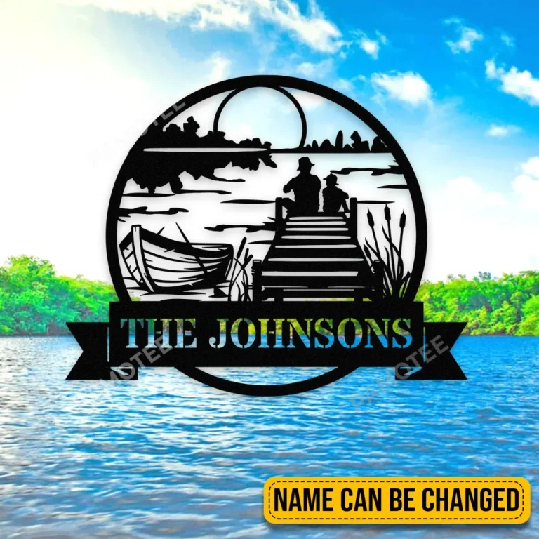 Personalized Dad And Son Fishing Metal Sign Silhouette, Boat, Lakehouse Decor