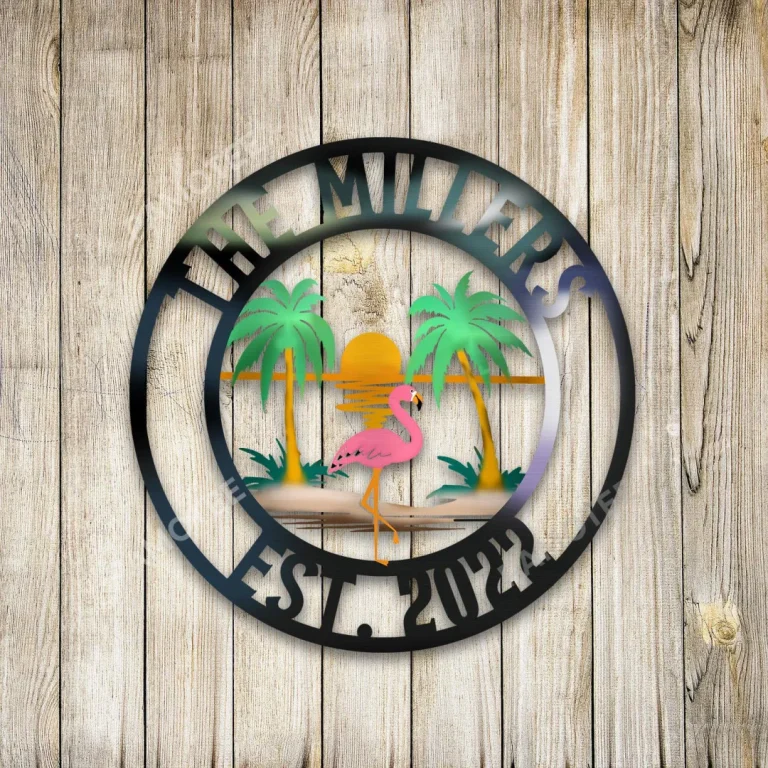 Personalized Flamingo On Beach Round Metal Sign, Flamingo Colored Metallic Art