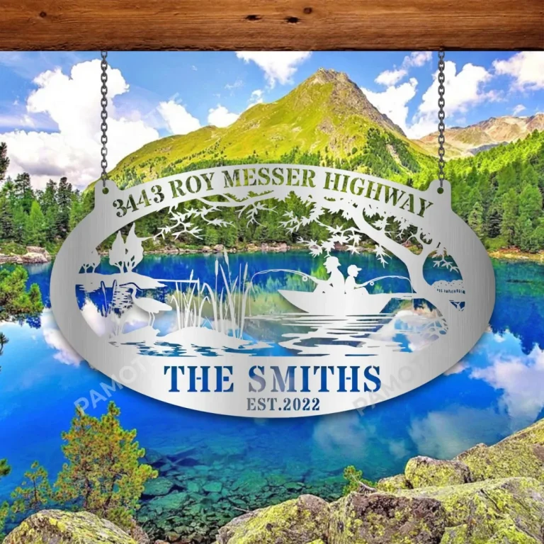 Custom Address Father And Son Fishing On Lake Metal Sign, Pond, Stork Laser Cut Gift For Him
