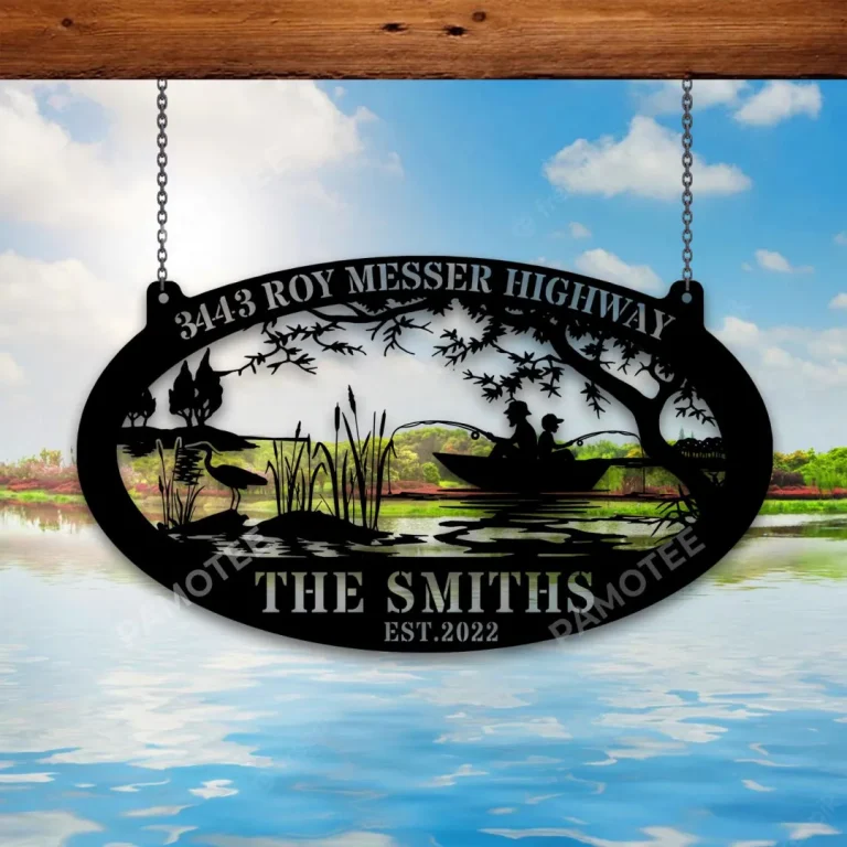 Custom Address Father And Son Fishing On Lake Metal Sign, Pond, Stork Laser Cut Gift For Him