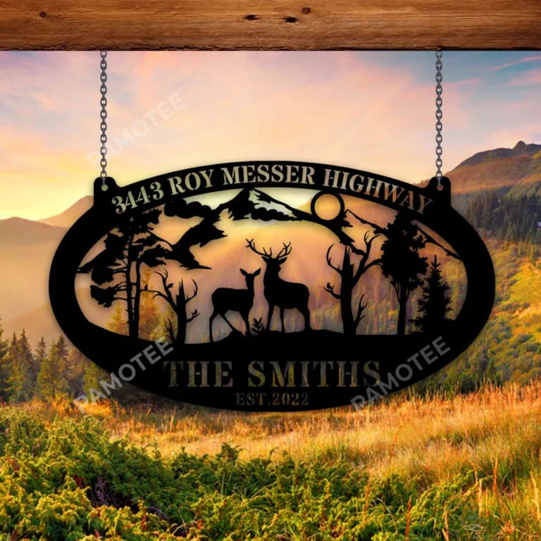 Personalized Name, Est Date Buck And Doe Metal Art, Deer Lodge Weatherproof Plaque