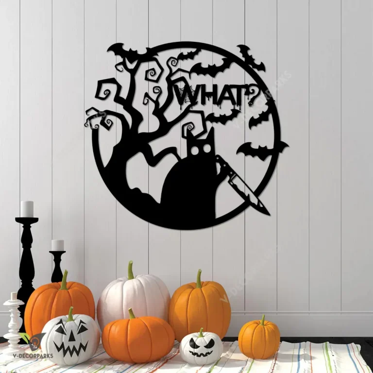 What Funny Black Cat Halloween Metal Sign, Funny Cat Stabbing Indoor Decor Metal Sign