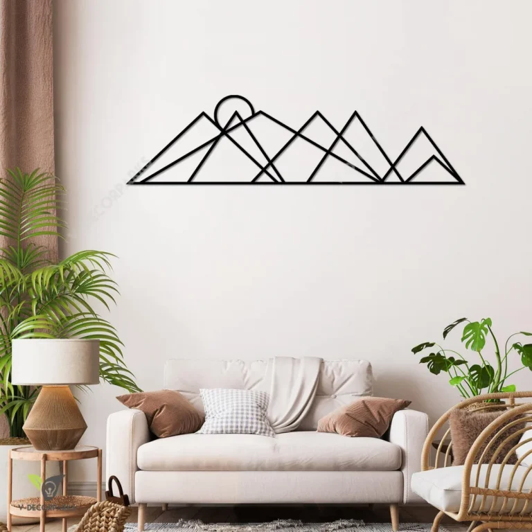 Modern Mountain And Sun Metal Wall Art, Geometric Mountain And Sun Housewarming Decoration