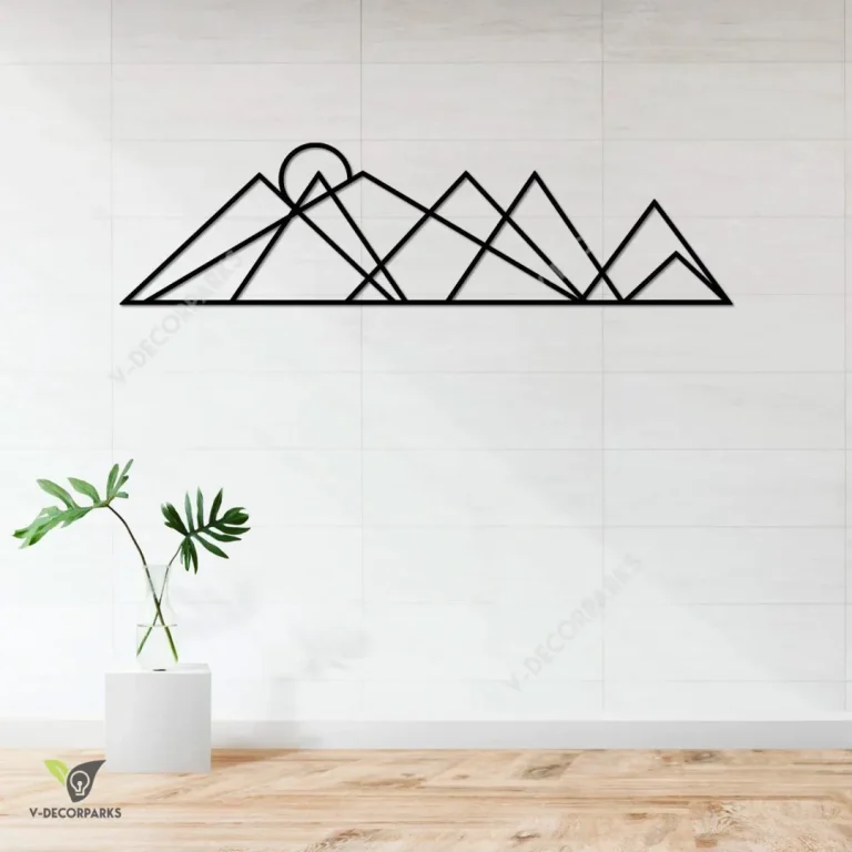 Modern Mountain And Sun Metal Wall Art, Geometric Mountain And Sun Housewarming Decoration