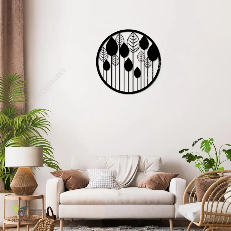 Black And White Leaves Round Metal Art, Leaves Weatherproof Wall Hanging