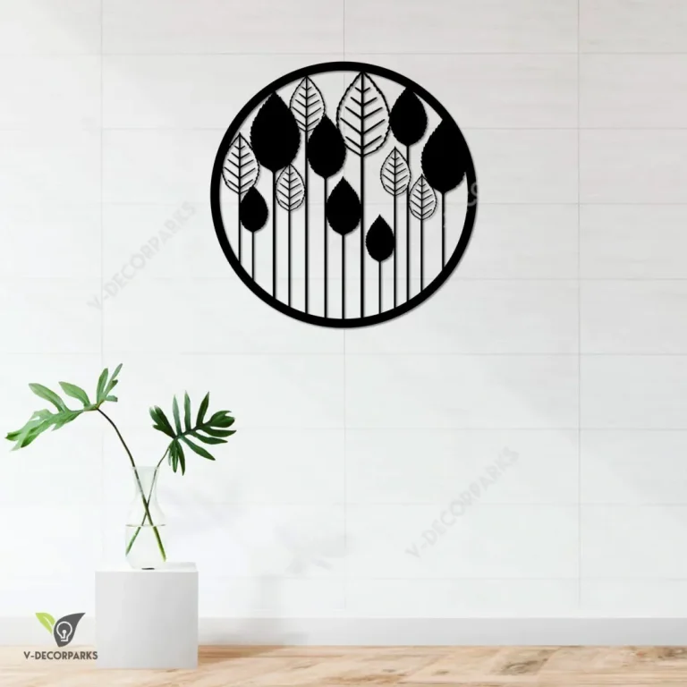 Black And White Leaves Round Metal Art, Leaves Weatherproof Wall Hanging