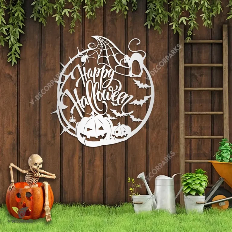 Happy Halloween With Pumpkins, Bats, Black Cat And Sipder Metal Art, Halloween Decorative Artwork