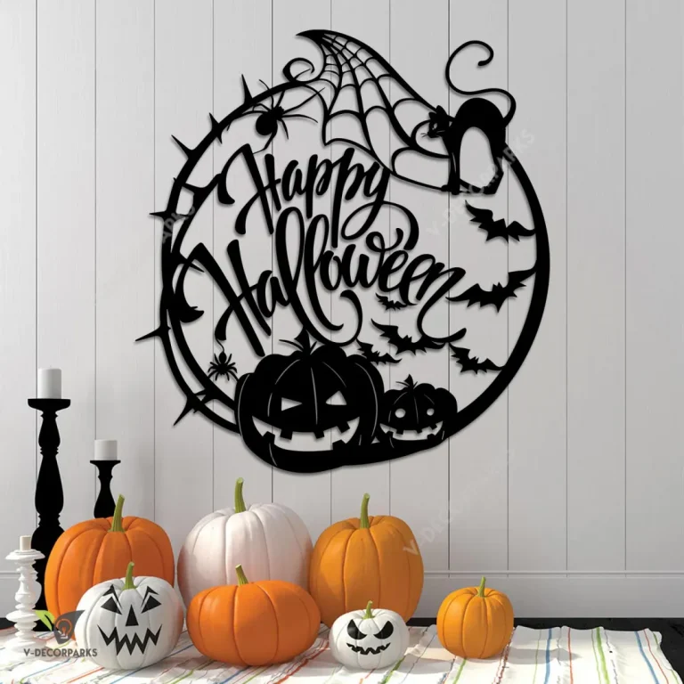 Happy Halloween With Pumpkins, Bats, Black Cat And Sipder Metal Art, Halloween Decorative Artwork