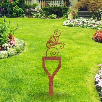 Rusty Butterfly With Shovel Metal Garden Decor, Butterflies Iron Yard Stake