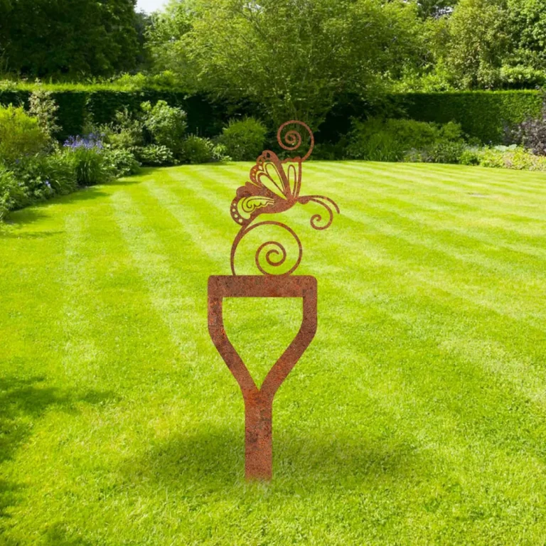 Rusty Butterfly With Shovel Metal Garden Decor, Butterflies Iron Yard Stake