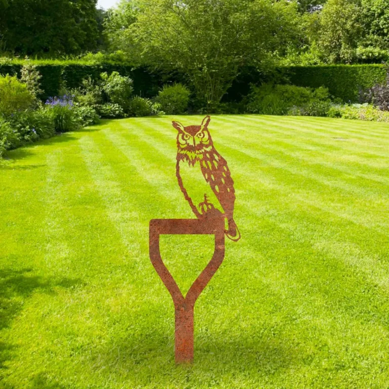 Rustic Owl And Shovel Metal Garden Sign, Owl Laser Cut Stake