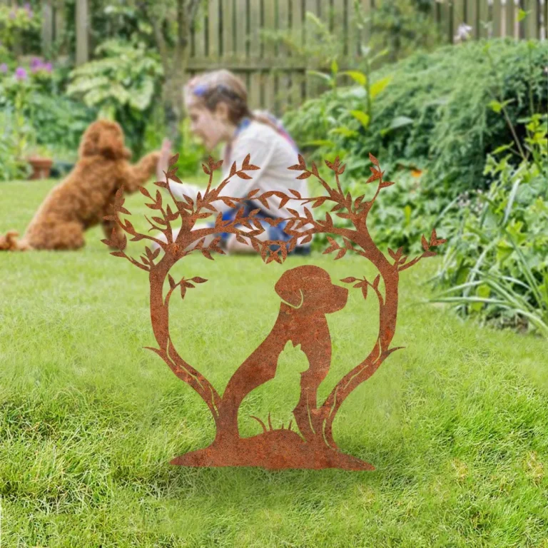 Cat Inside Dog With Heart Trees Rustic Metal Garden Decoration, Pet ...