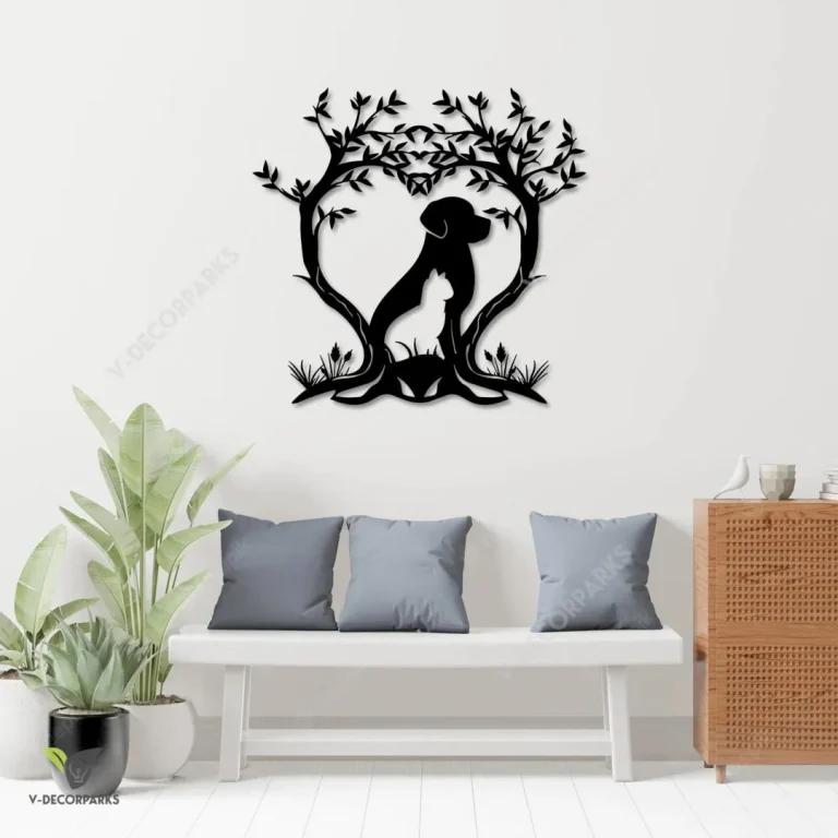 Cat, Dog And Heart Trees Silhouette Metal Wall Decor, Pet Lovers Living Room Plaque