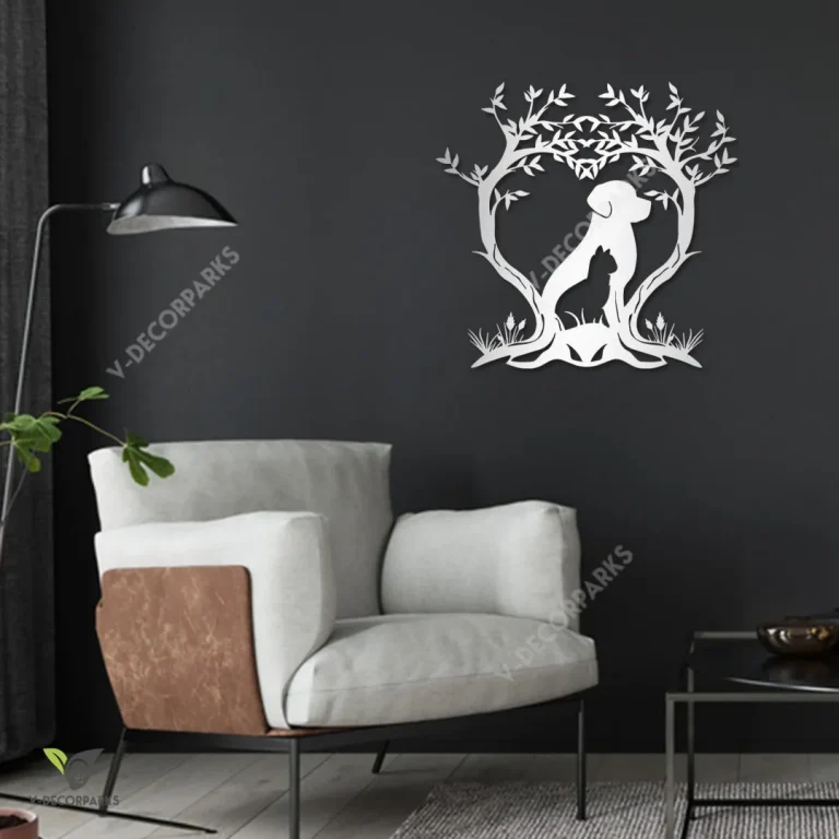 Cat, Dog And Heart Trees Silhouette Metal Wall Decor, Pet Lovers Living Room Plaque
