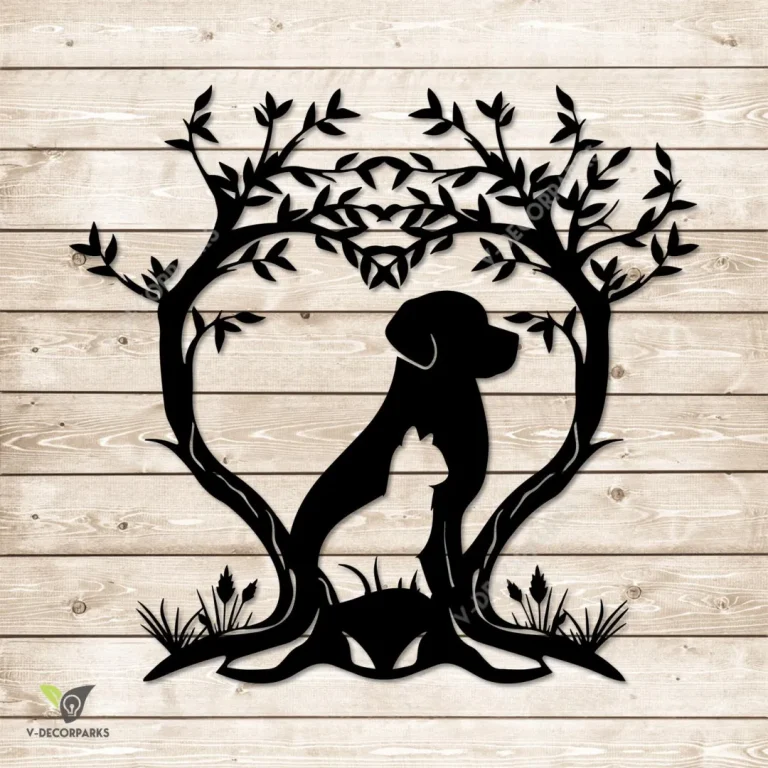 Cat, Dog And Heart Trees Silhouette Metal Wall Decor, Pet Lovers Living Room Plaque