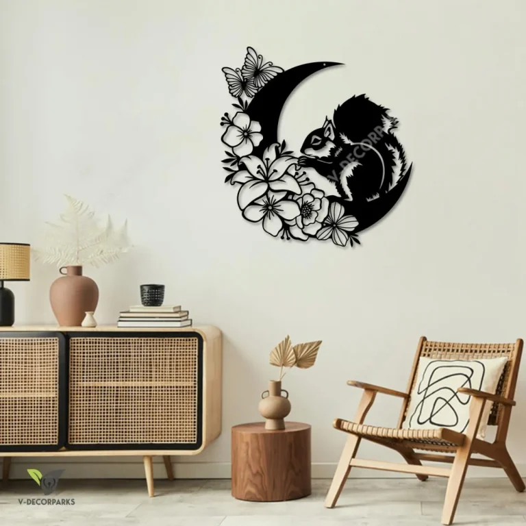 Squirrel On Floral Moon Metal Wall Art, Squirrel And Moon Bedroom Decoration