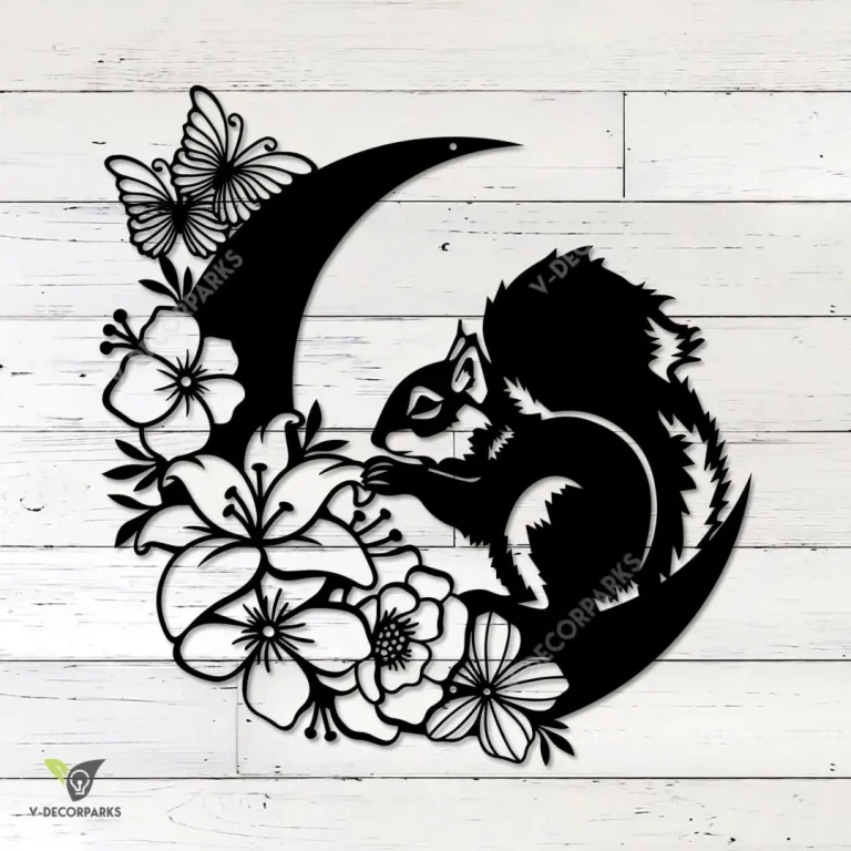 Squirrel On Floral Moon Metal Wall Art, Squirrel And Moon Bedroom Decoration
