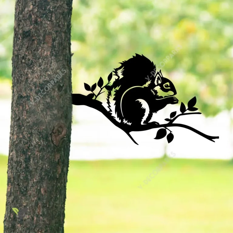 Squirrel Eating Nut On Branch Rusty Metal Tree Stake, Squirrel Plasma Cut Garden Art
