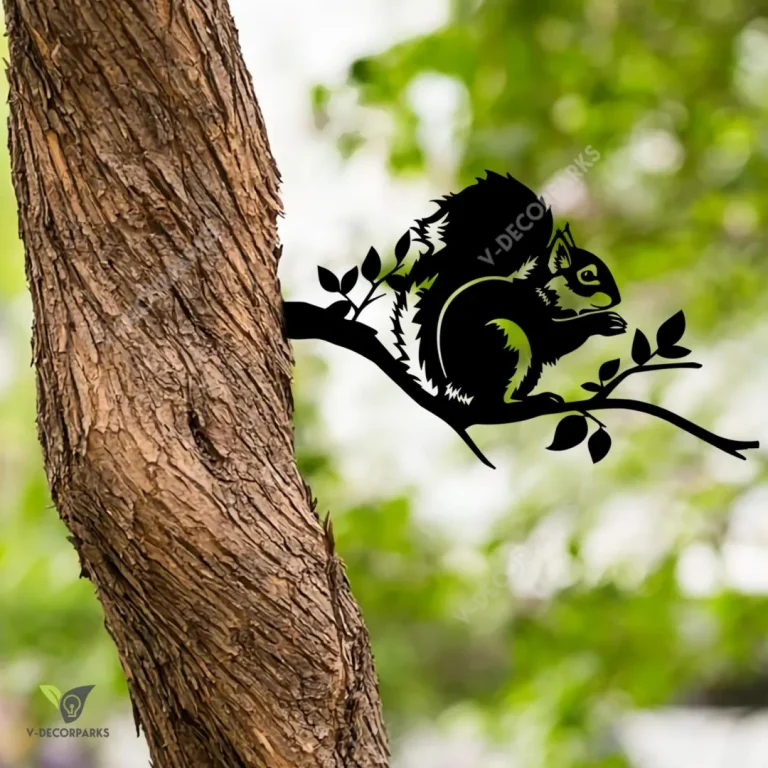 Squirrel Eating Nut On Branch Rusty Metal Tree Stake, Squirrel Plasma Cut Garden Art