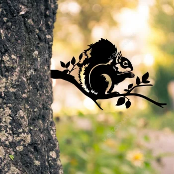 Squirrel Eating Nut On Branch Rusty Metal Tree Stake, Squirrel Plasma Cut Garden Art