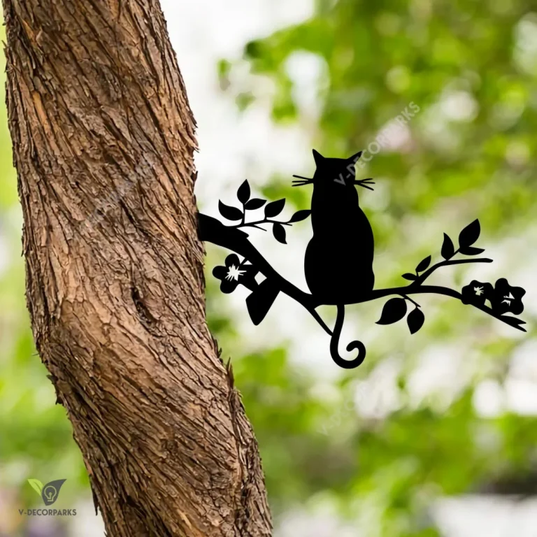 Cat Sitting On Branch Rusted Metal Tree Decoration, Black Cat Weatherproof Garden Artwork