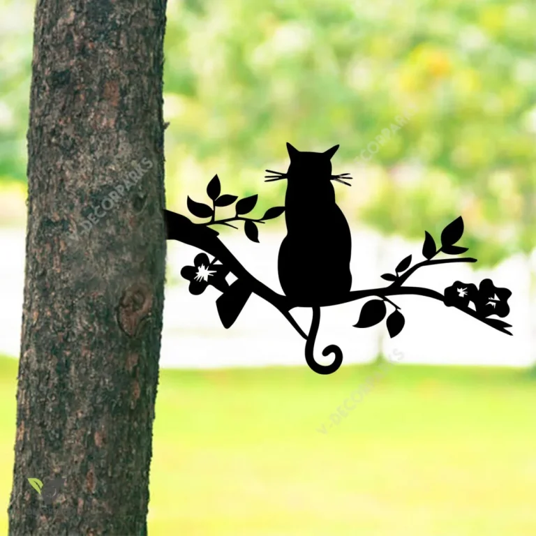 Cat Sitting On Branch Rusted Metal Tree Decoration, Black Cat Weatherproof Garden Artwork