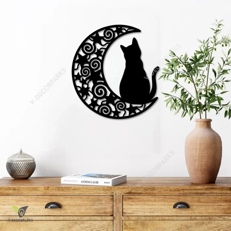 Black Cat Sitting On Moon Metal Art, Black Cat Living Room Metallic Accent